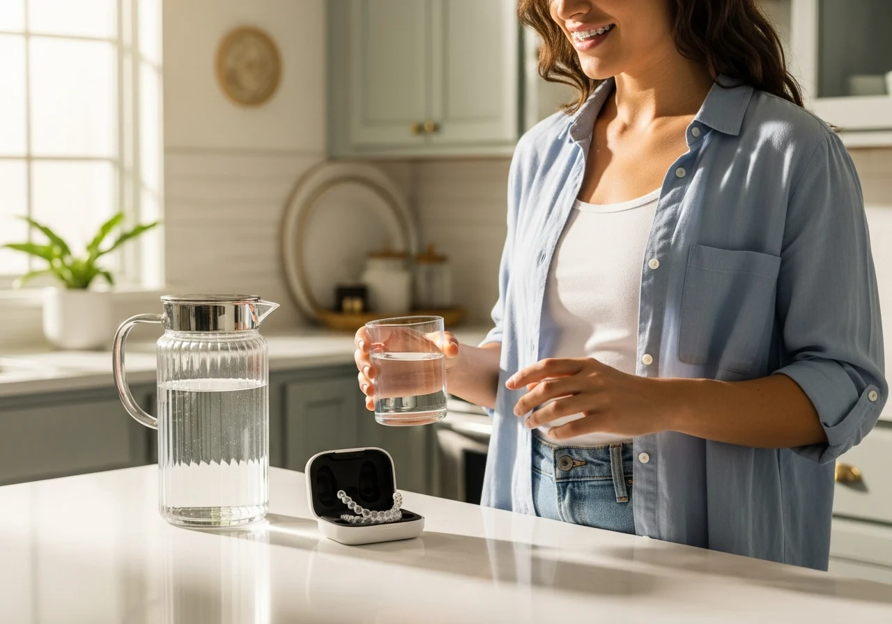 Patient with aligners preparing water in bright coastal kitchen