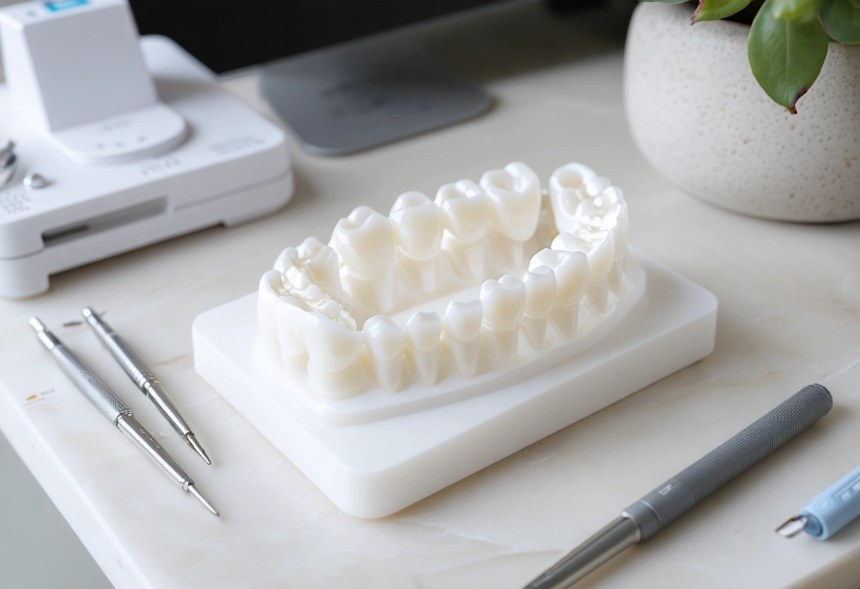 Close-up of dental model, aligner tray, and tools on stone surface