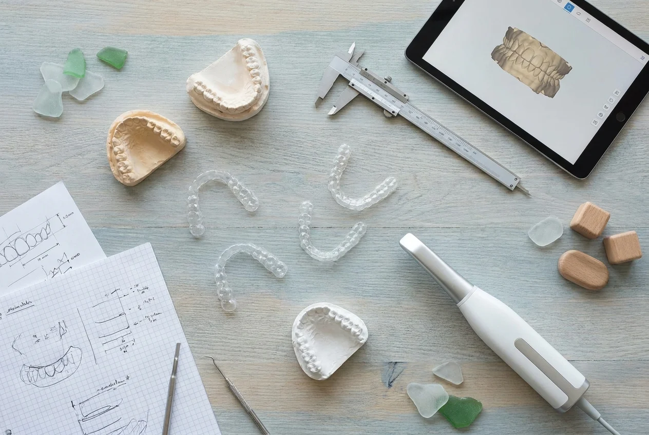 Flat-lay of aligner planning materials on coastal-toned surface