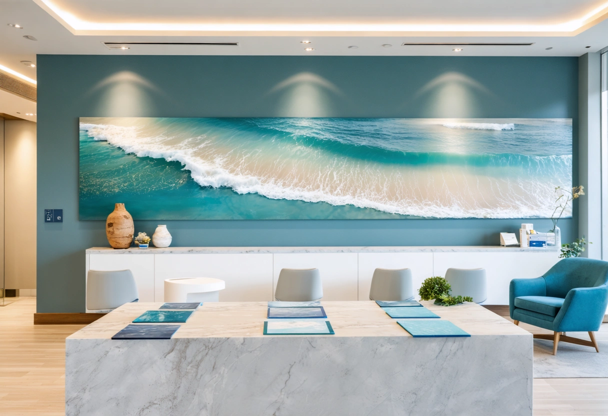 Modern dental office with ocean-inspired decor and planning materials