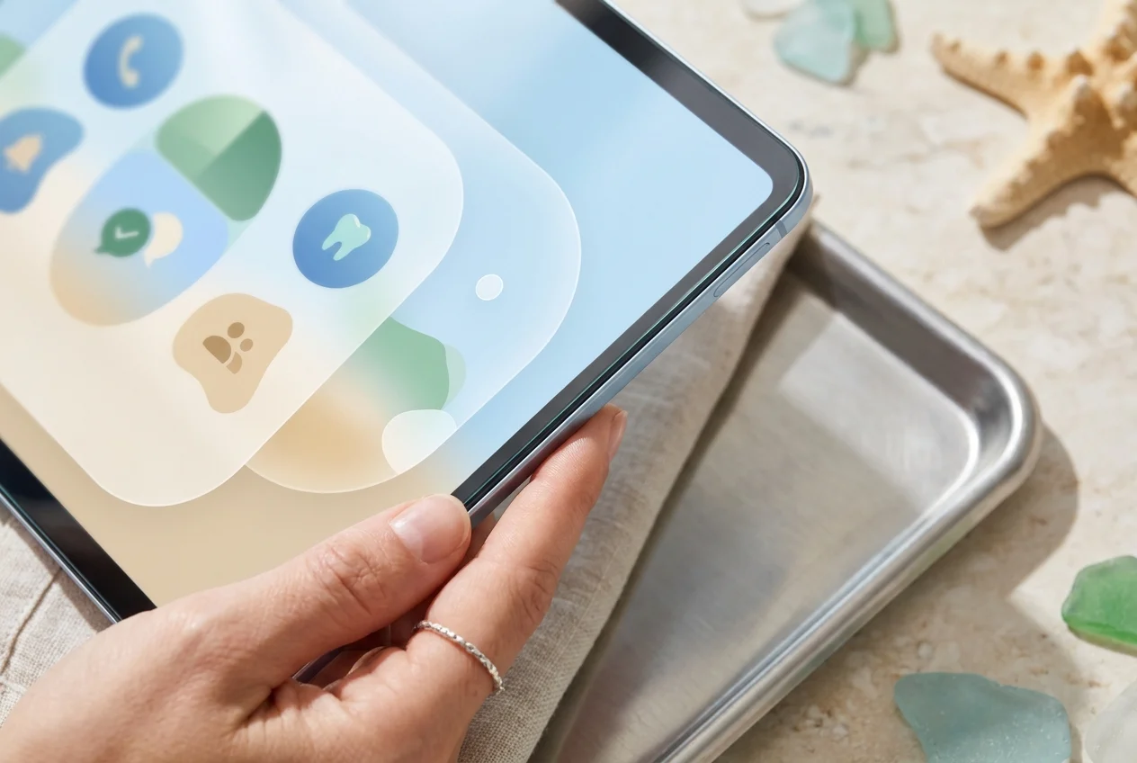 Close-up of ocean-inspired patient portal on a sleek mobile device