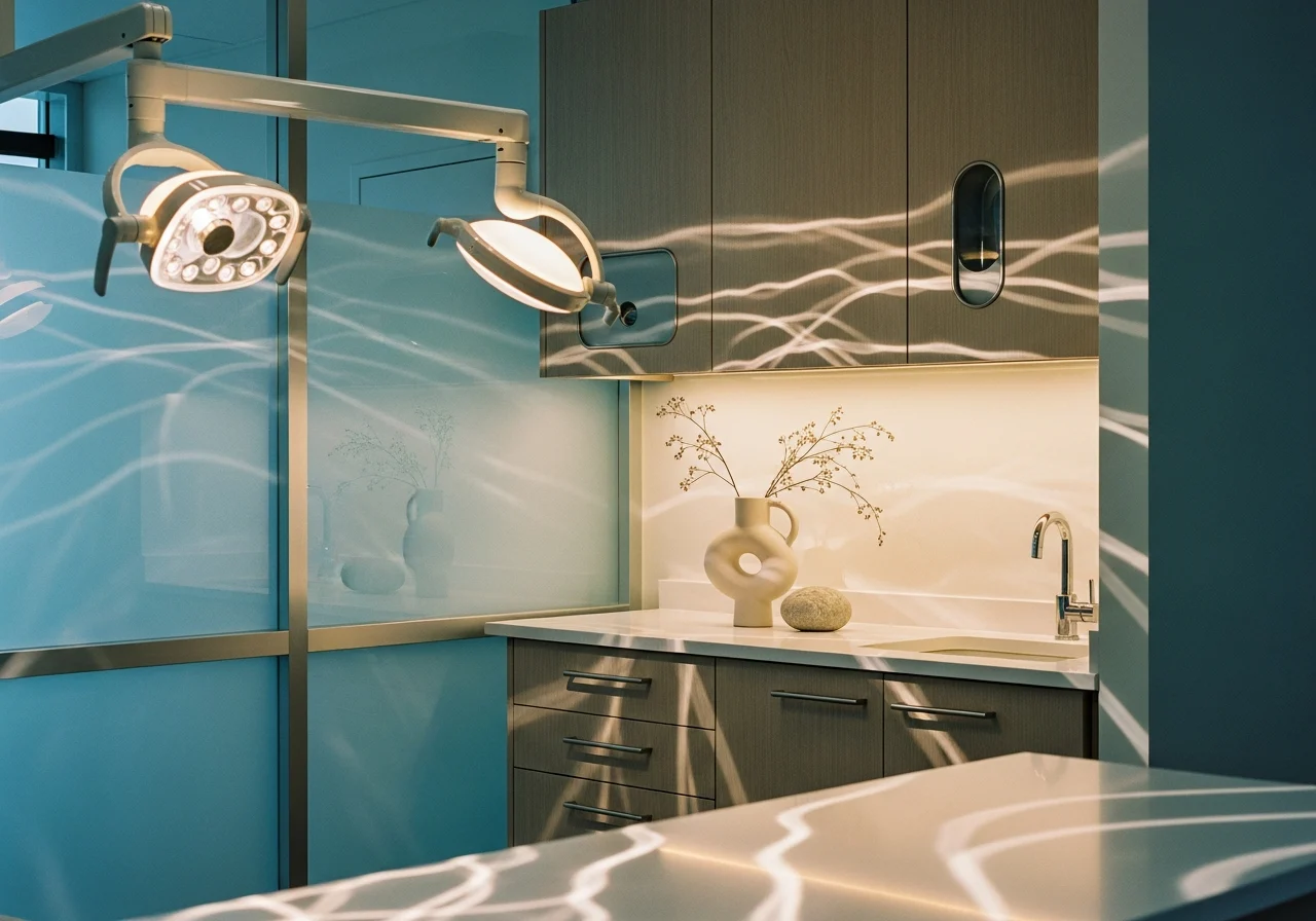 Serene dental office with ambient lighting and elegant coastal-inspired decor