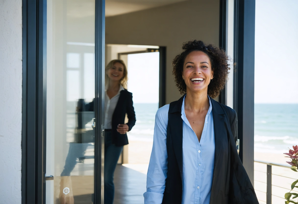 Patient smiling in dental studio reception with clinician greeting another patient