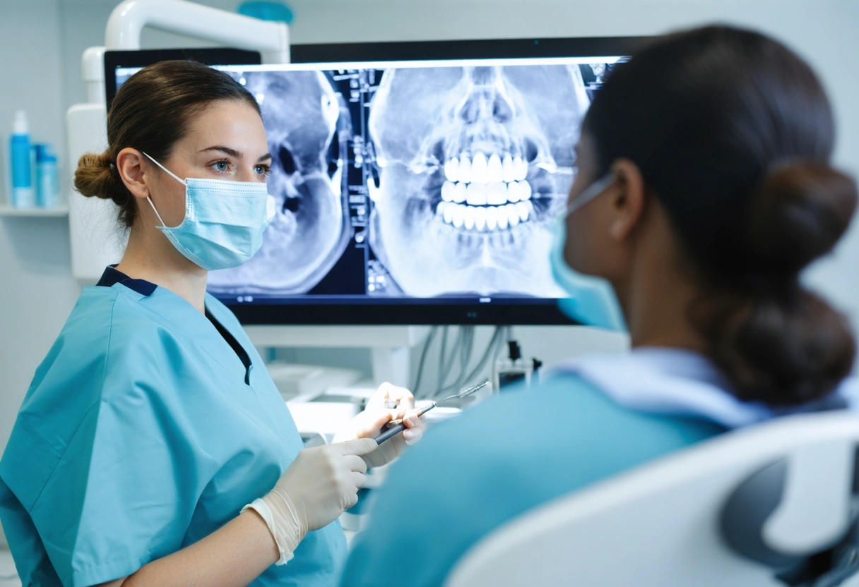 Cinematic perspective inside a modern diagnostic operatory at Soleil Dental Studio, a dentist and patient