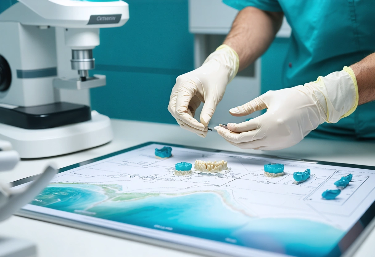 Clinician and assistant examining digital scan model in dental workspace