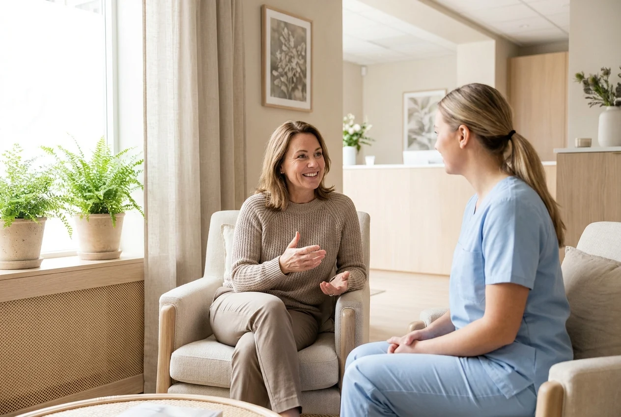 Editorial medium shot of a confident patient in a bright, spa-like lounge at Soleil Dental