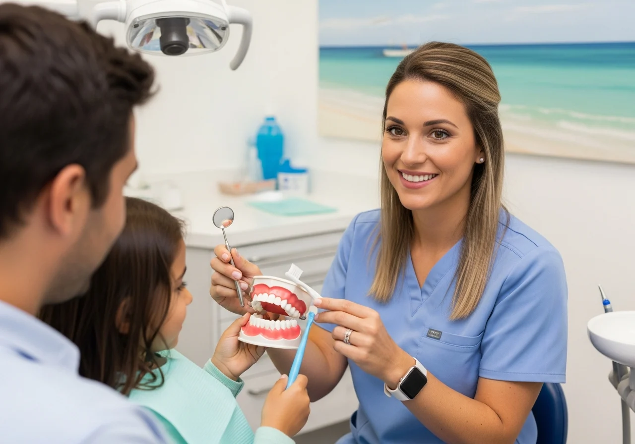 Editorial medium shot of a friendly dental professional gently educating a parent and child in