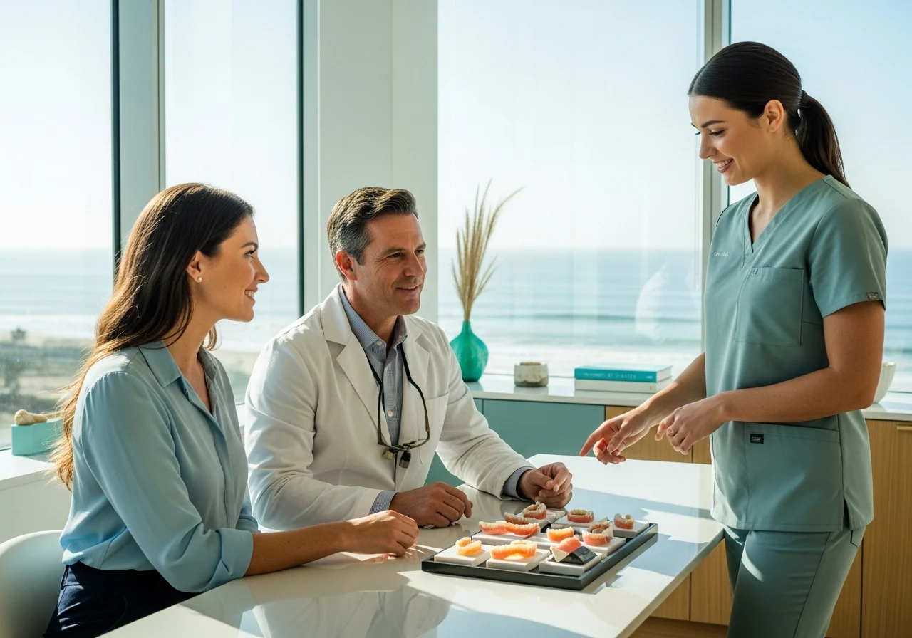 Flat-lay of dental consultation notes and materials on a tabletop
