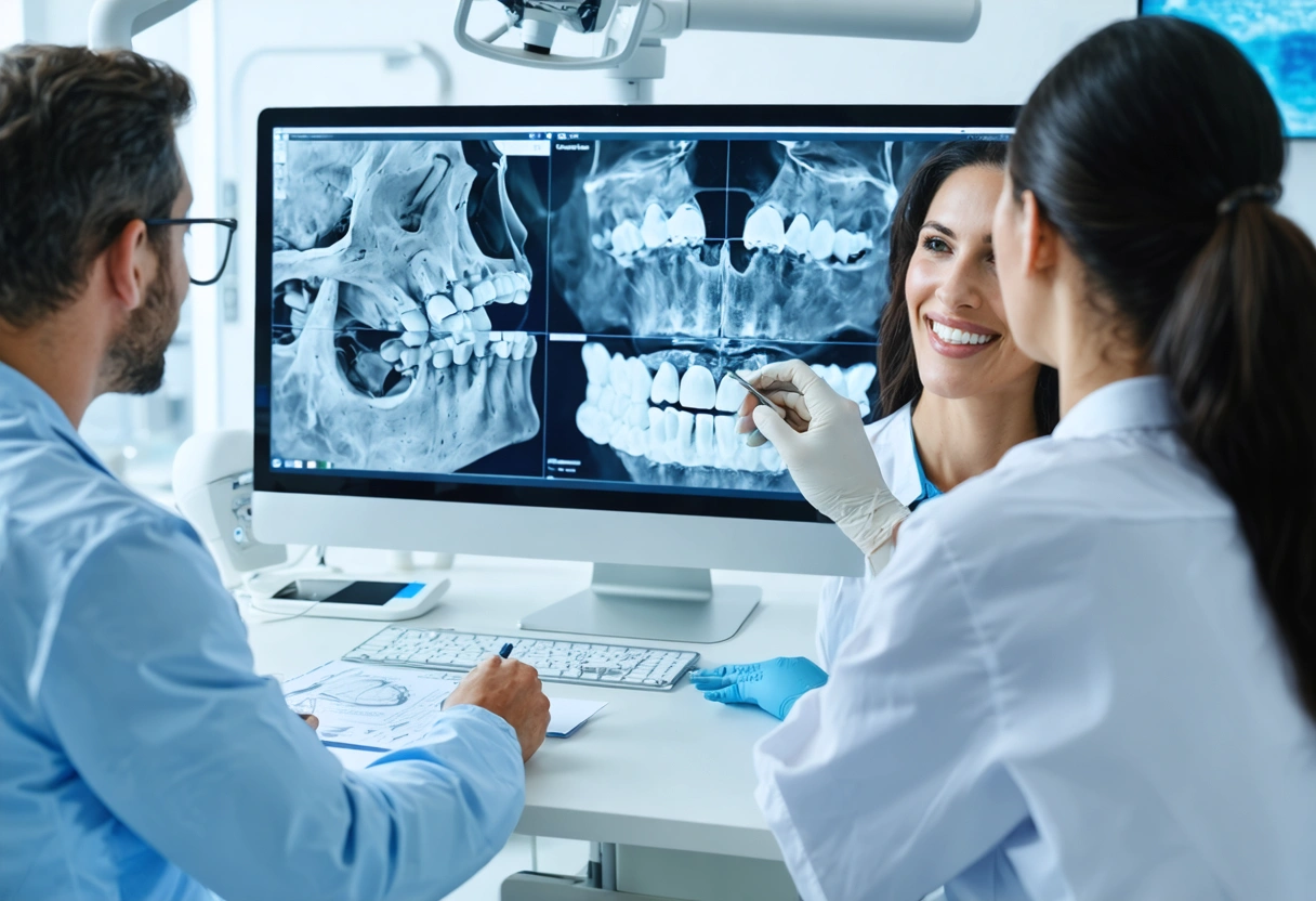 Over-the-table strategy review scene inside a refined dental imaging suite, a dentist and assistant analyzing