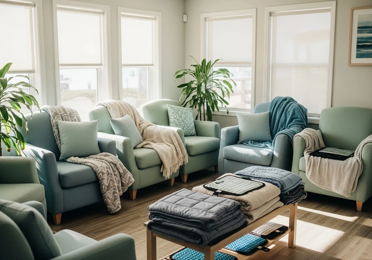 Cozy dental waiting area with ocean-inspired seating and soft lighting