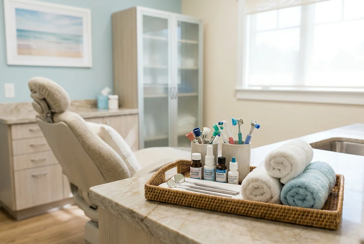 Three-quarter perspective environment-led still life inside a refined dental treatment room, showcasing preventive dentistry tools