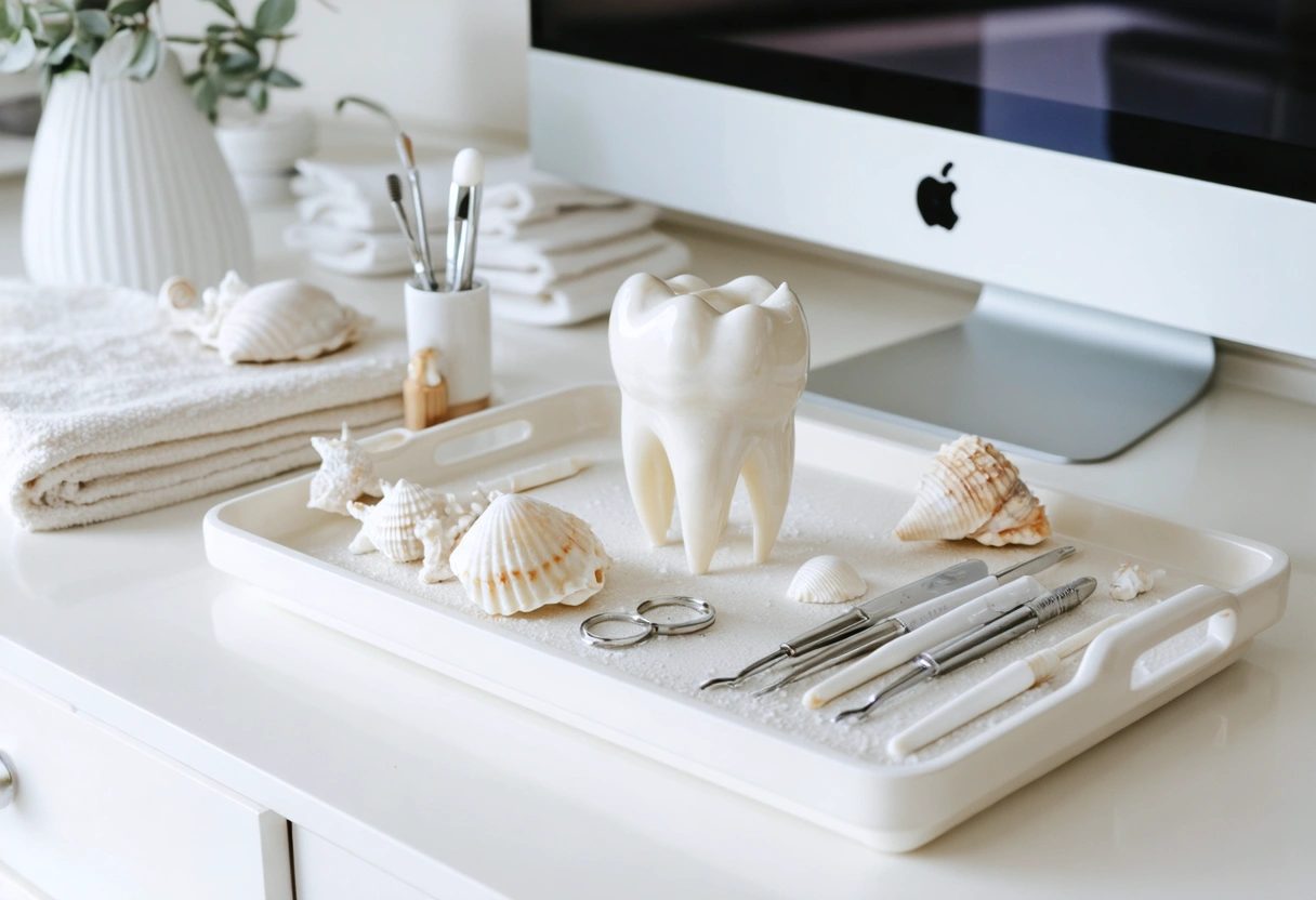 Three-quarter perspective environment-led still life of a beautifully arranged smile design workspace at Soleil Dental