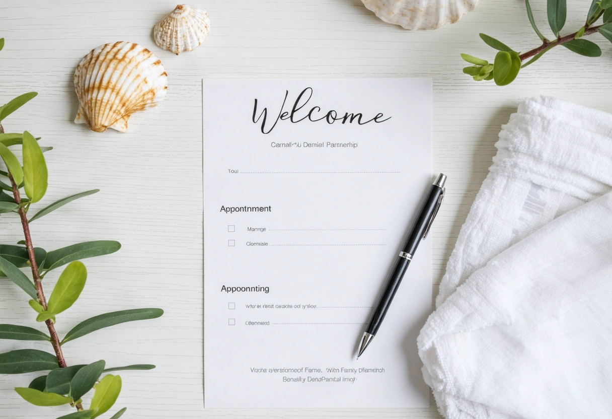 Top-down flat-lay workspace scene on a light coastal desk, featuring a neatly arranged welcome packet