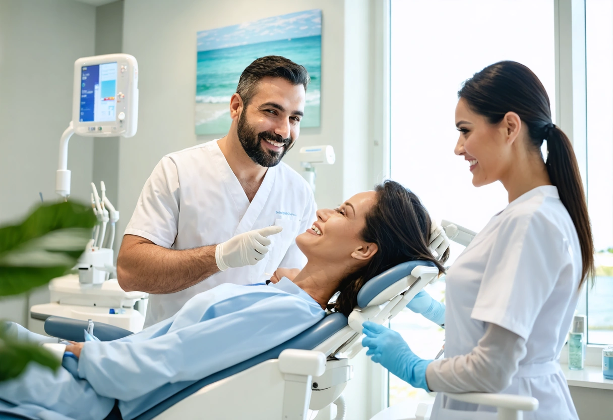 Dentists consulting with a patient in a coastal dental studio