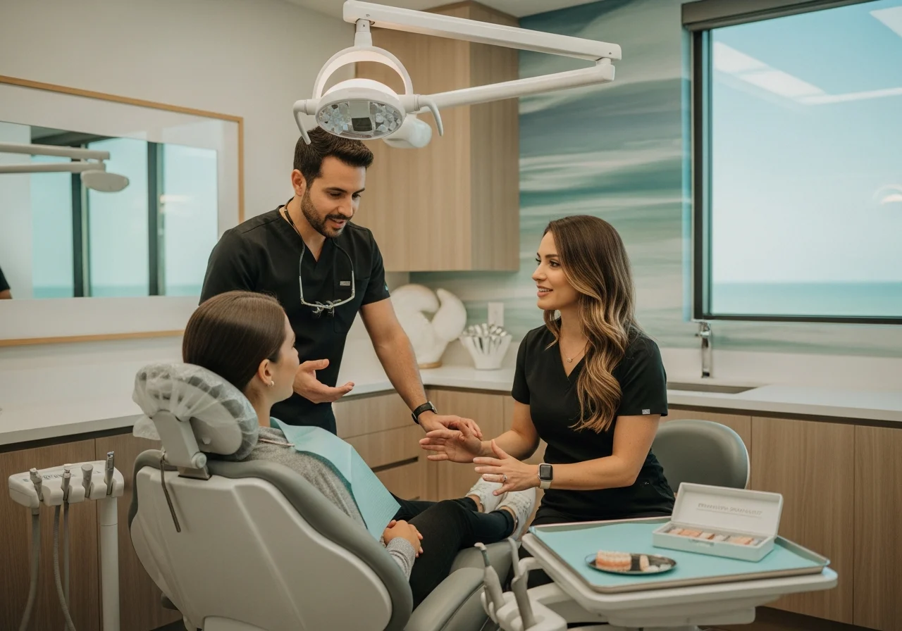 wide-hero-shot-of-a-serene-9MwC1K Dentists consulting with a patient in a modern coastal studio