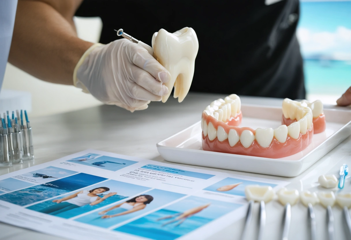 Dentist and patient reviewing treatment visuals in consultation room.