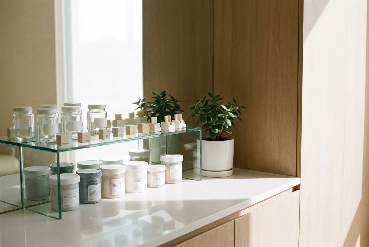 Dental materials room with biocompatible samples and soft lighting.