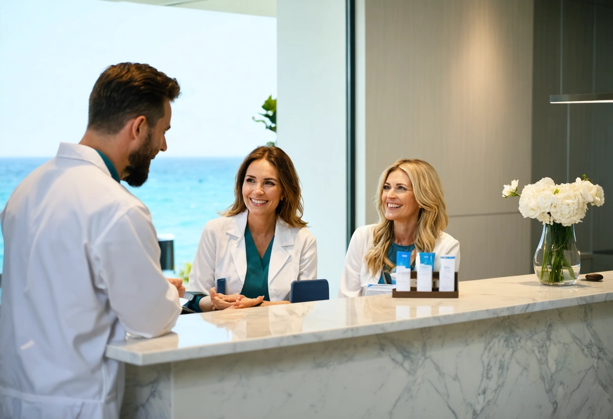 Warm dental reception flowing into a calm consultation with caring staff