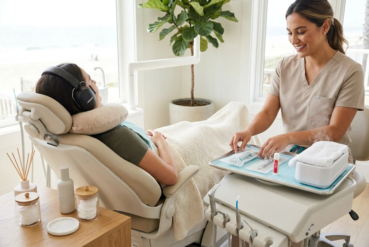 Relaxed patient prepared for gentle dental care in a comfort-focused room