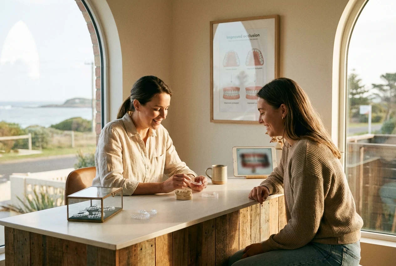 Patient and dentist review bite model and clear aligner tray in consultation