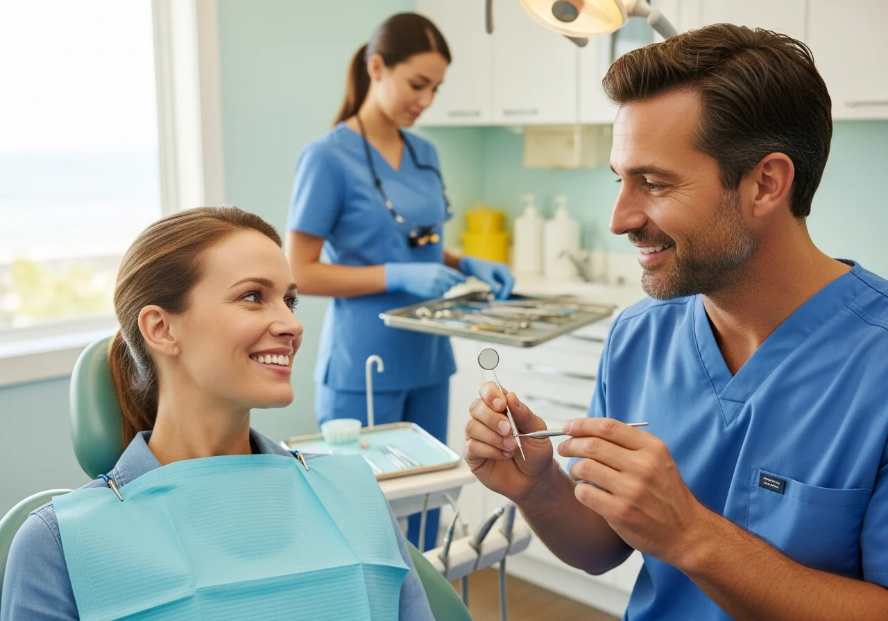 Dentist and patient in a relaxed post-treatment conversation.