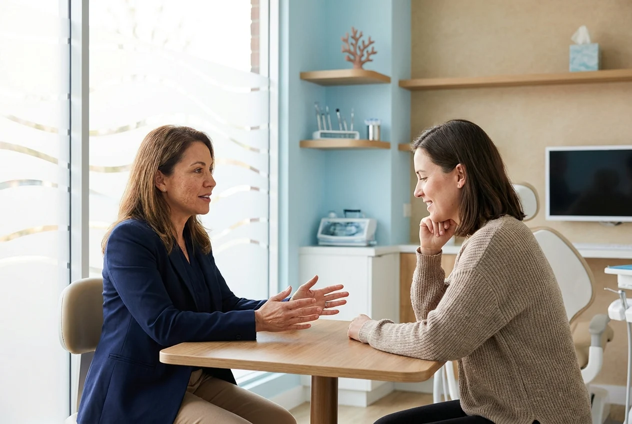 Dentist explains treatment options to a patient in a bright consultation room