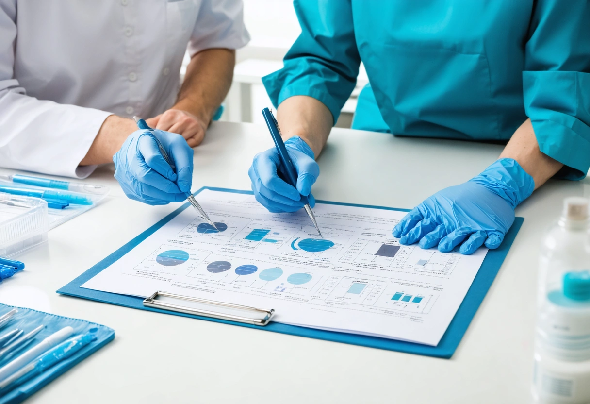 Dentist and team member review a treatment plan with printed diagrams