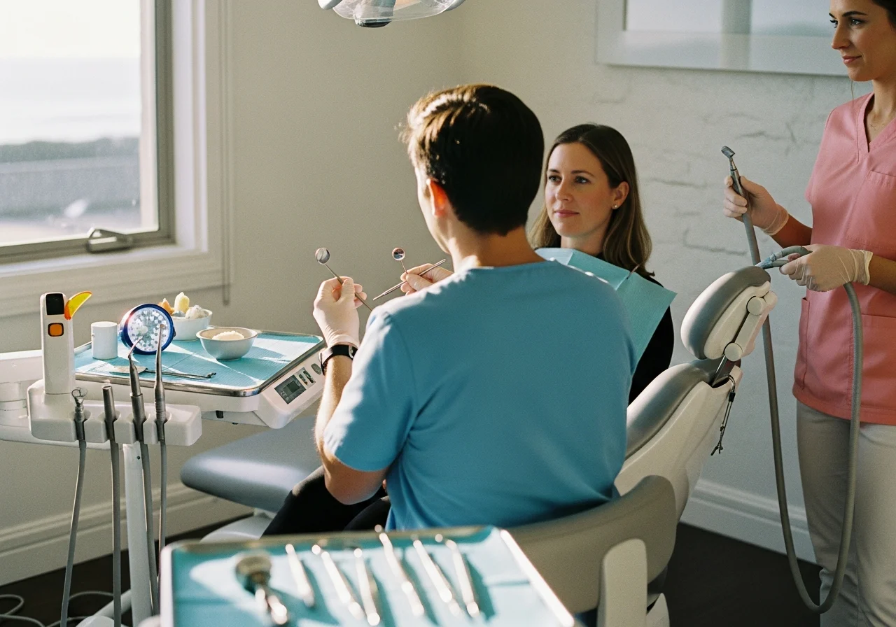 Dentist reviewing exam findings with patient in a bright treatment room