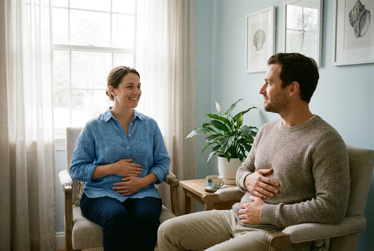 Patient and dental professional practicing belly breathing in calm consultation corner