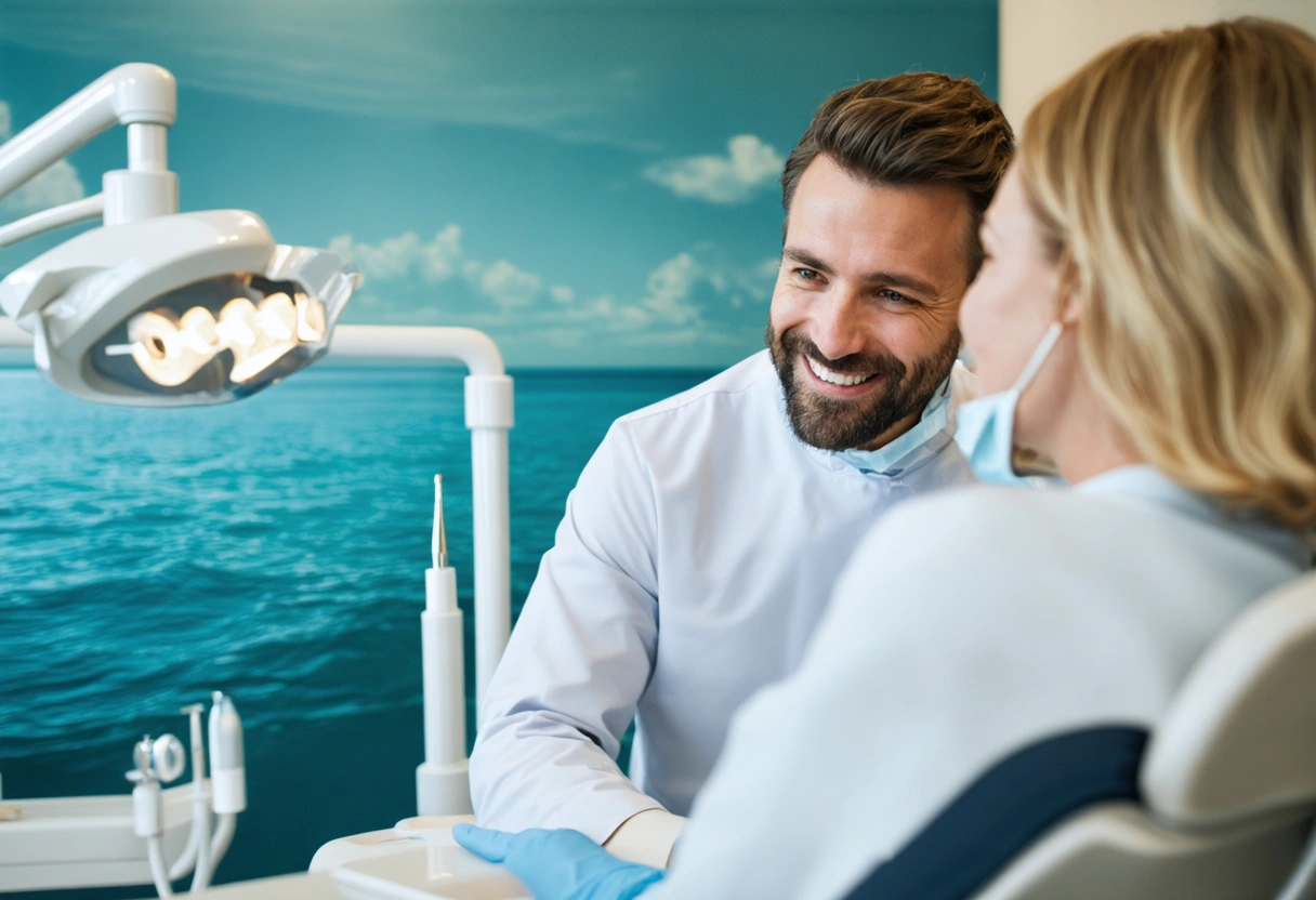 Dentist attentively listening to patient in serene ocean-inspired consultation space