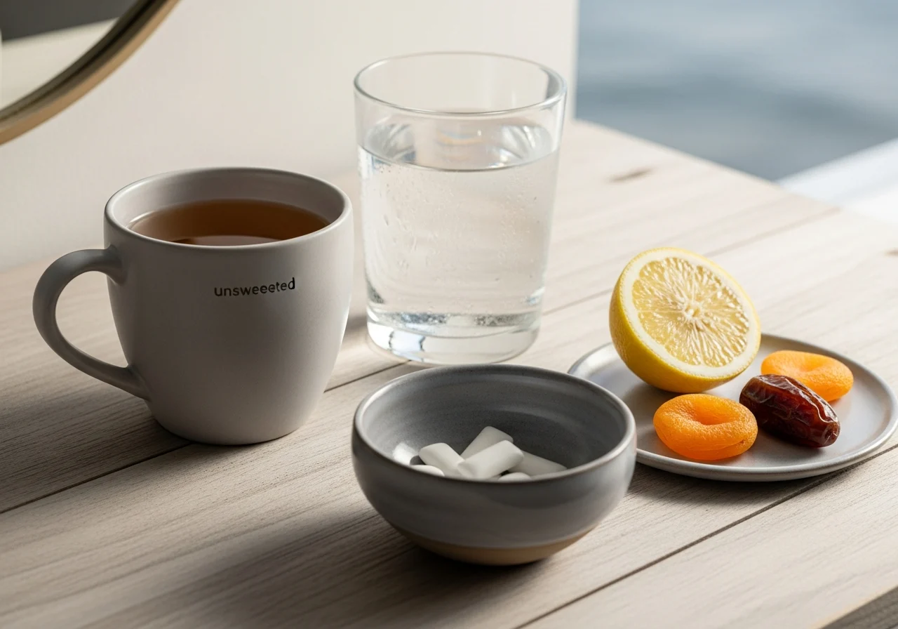 Water, tea, xylitol gum, and fruit arranged as prevention metaphor