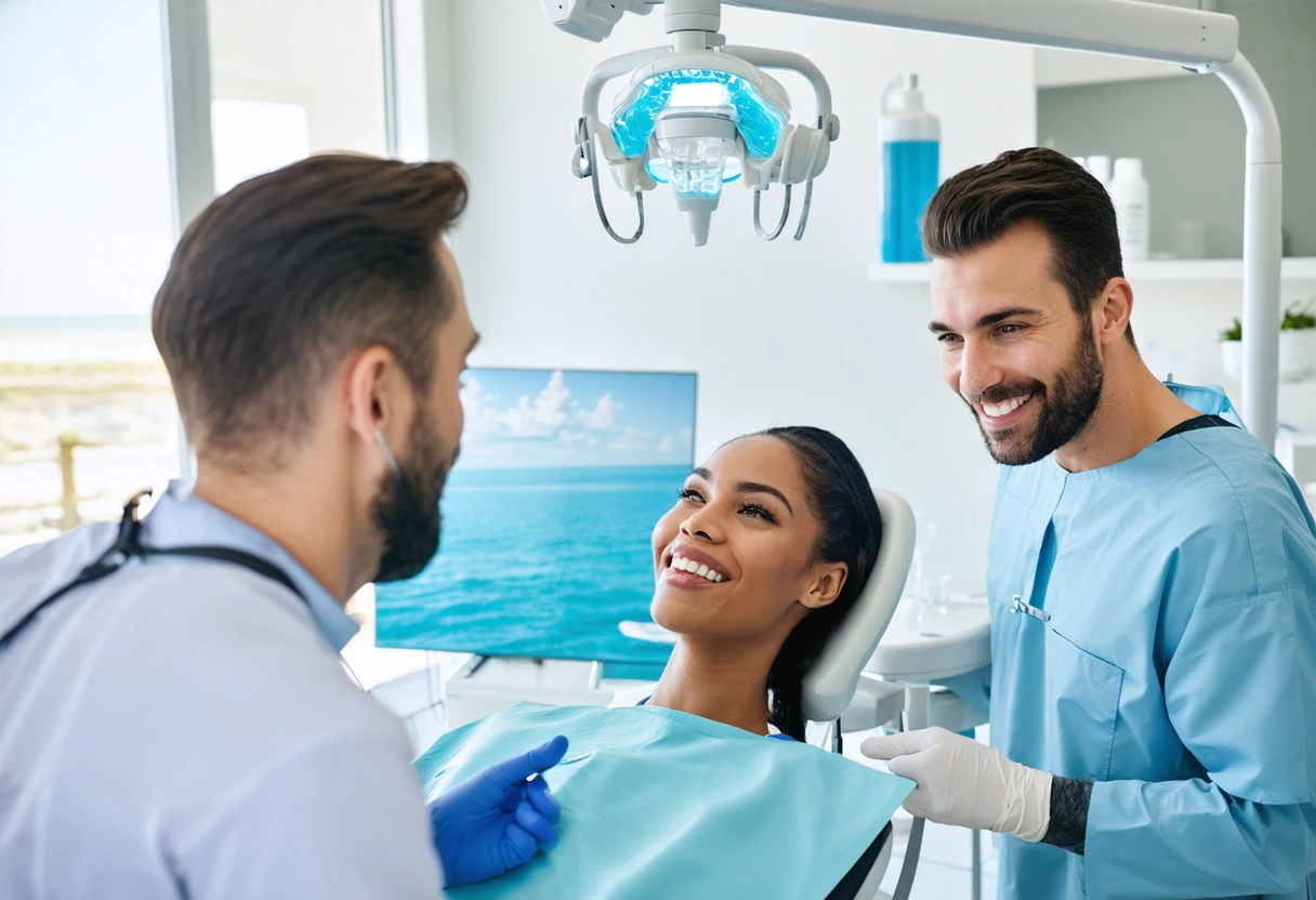 cinematic-wide-hero-shot-inside-a-RgjmK3 Friendly dentists and calm patient in bright coastal treatment room