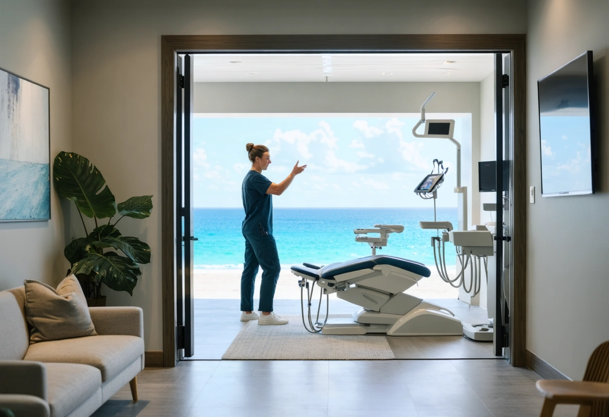 Dental team warmly orienting arriving patient in tranquil ocean-lit studio