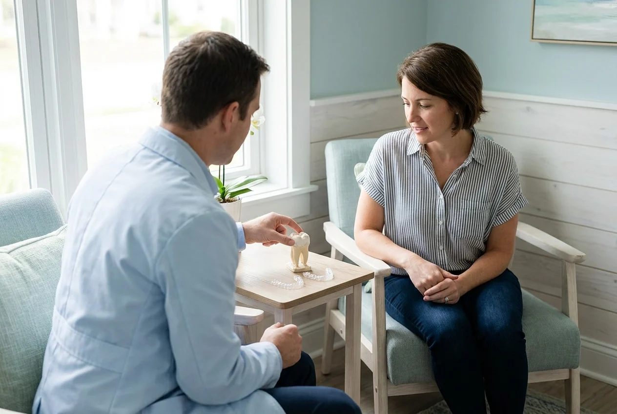 Dentist points to tooth model and aligners in modern consultation room