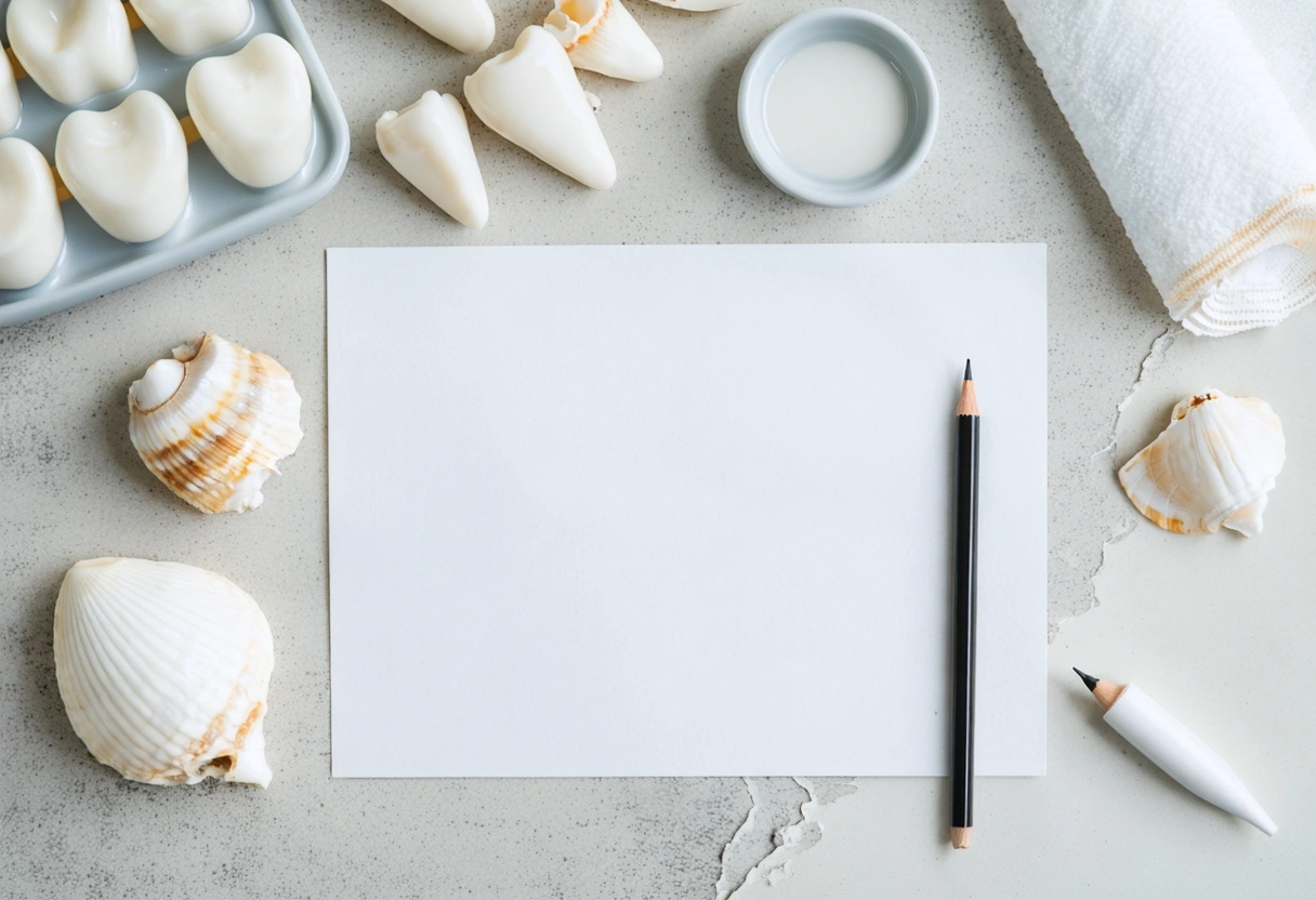 Flat lay of dental planning tools, shade guide, notes, and instruments