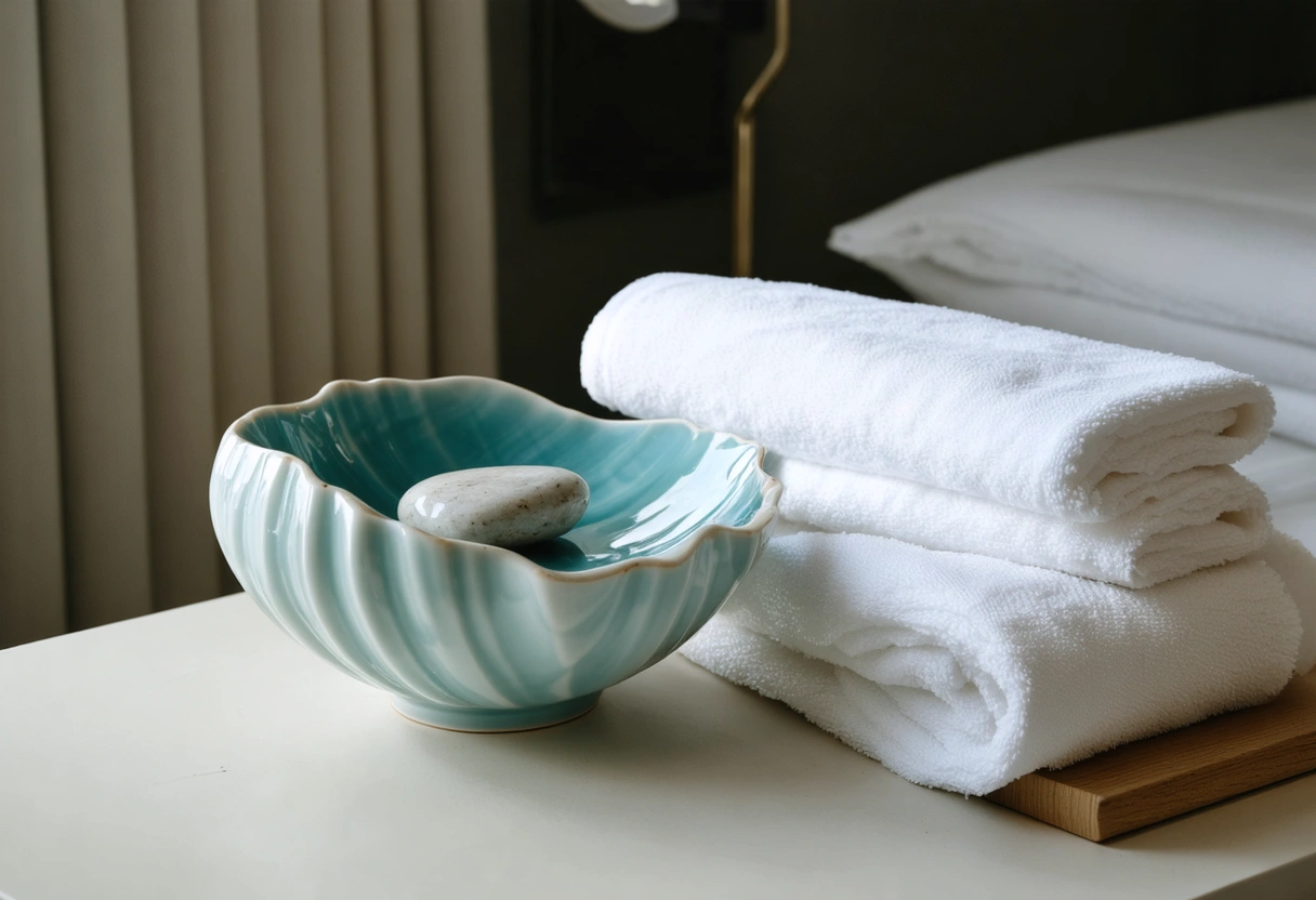 Seashell ceramic bowl with towels, stone, and soft ambient light
