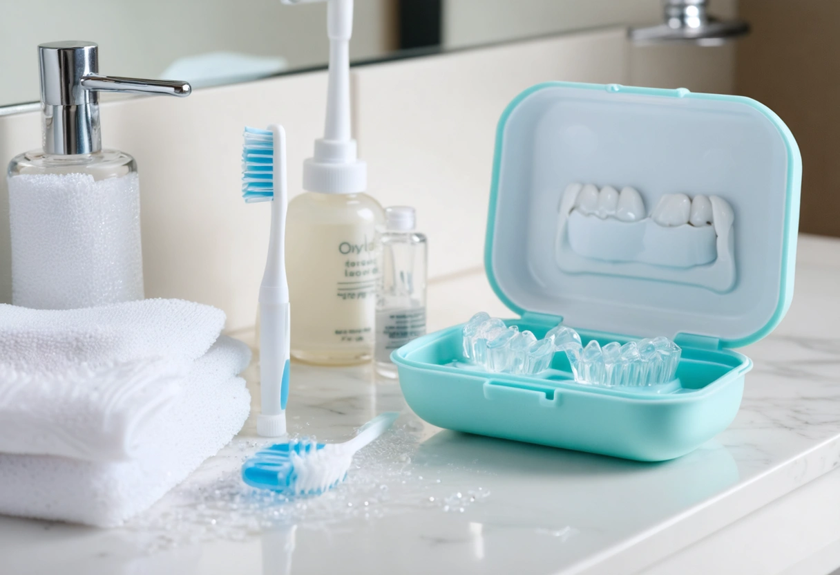 Clear aligner rinsed and placed in case beside toothbrush and floss