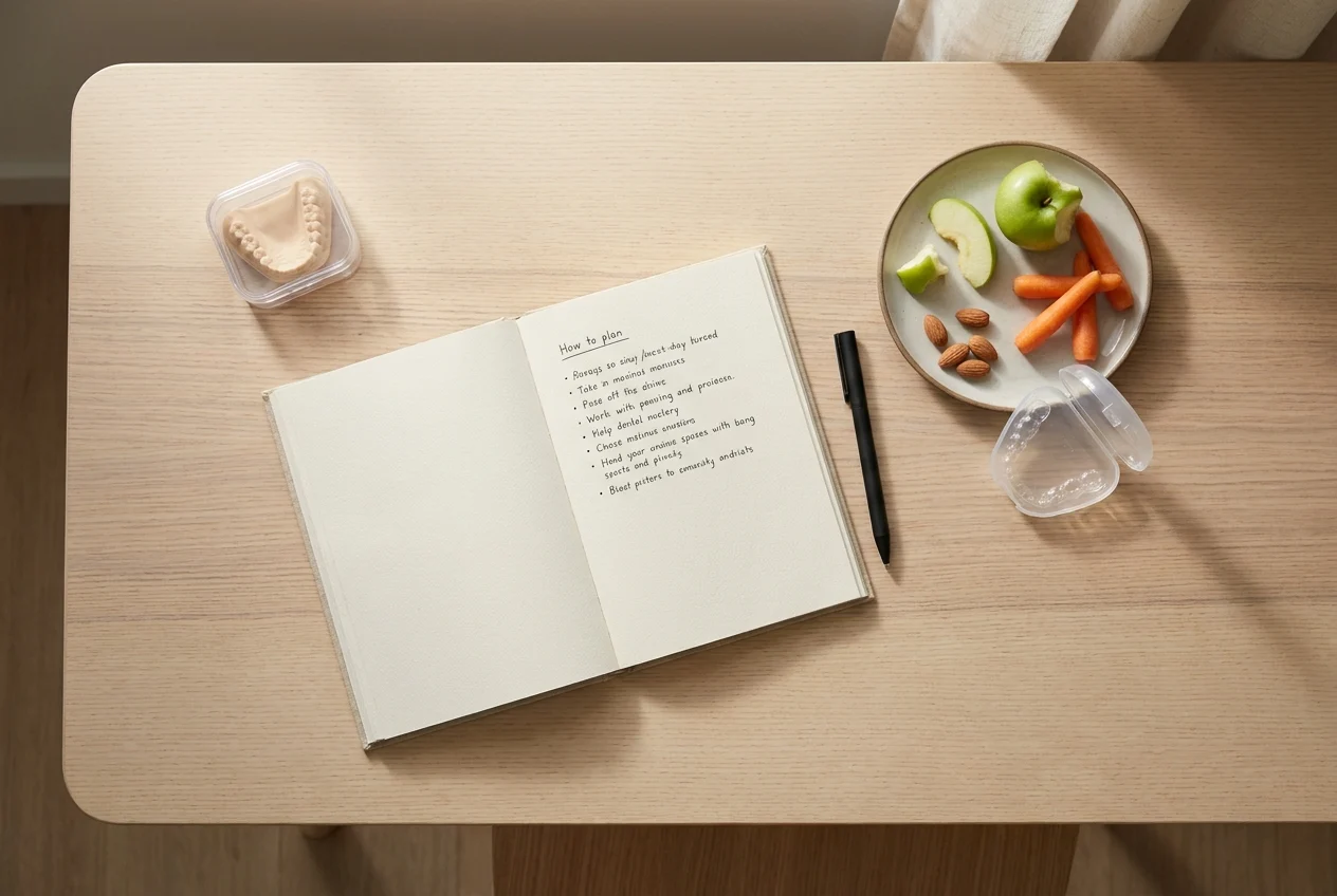 Flat lay with notebook, dental model, healthy food, and aligner case