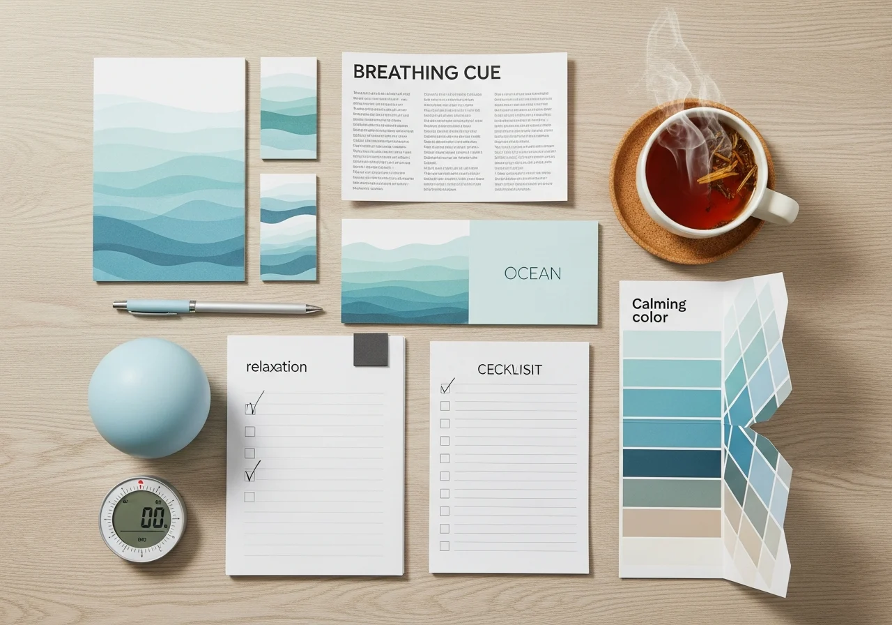Ocean-inspired dental visit planning flat lay with checklist and tea