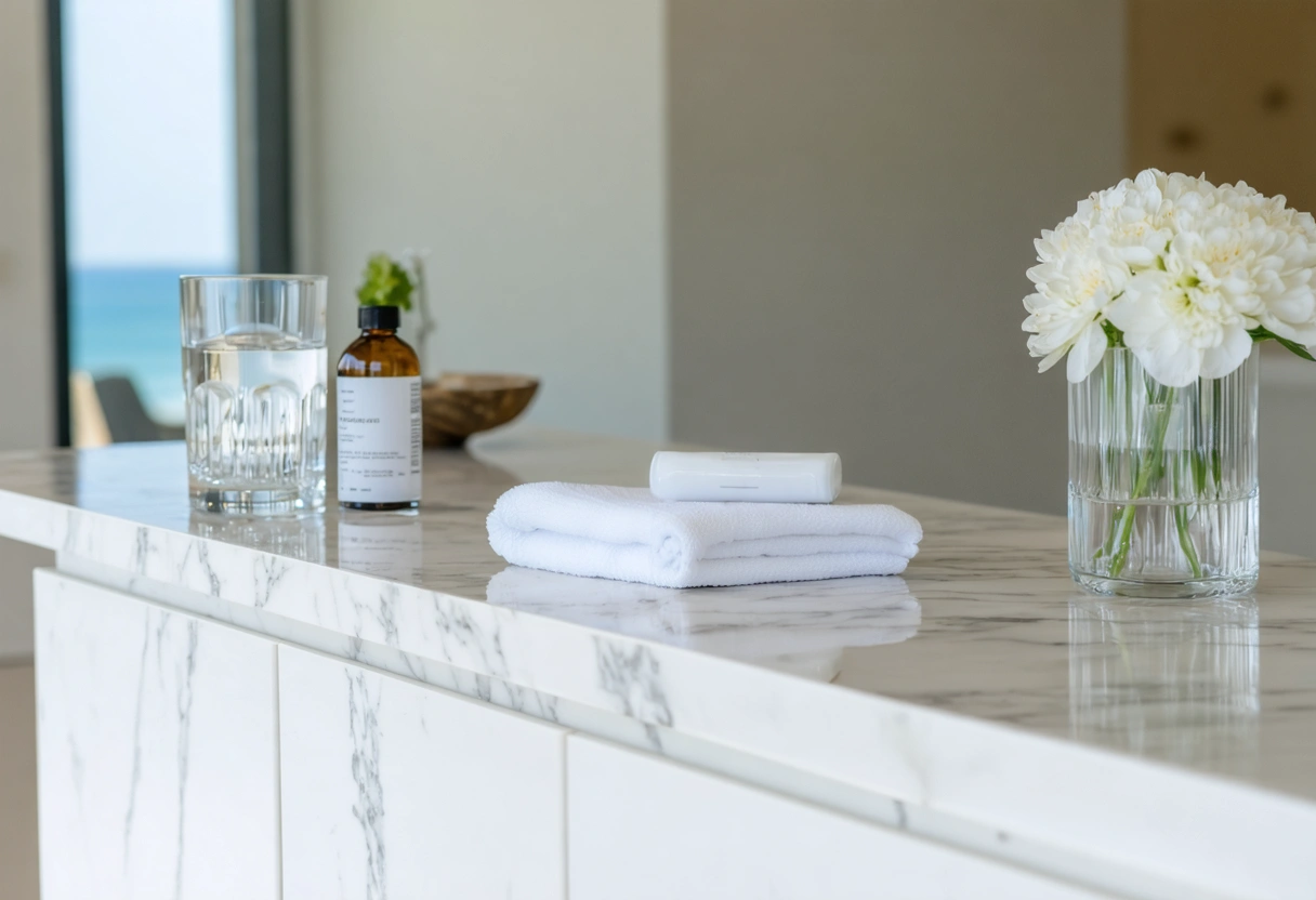 Clear aligner case and dental items arranged in a serene studio