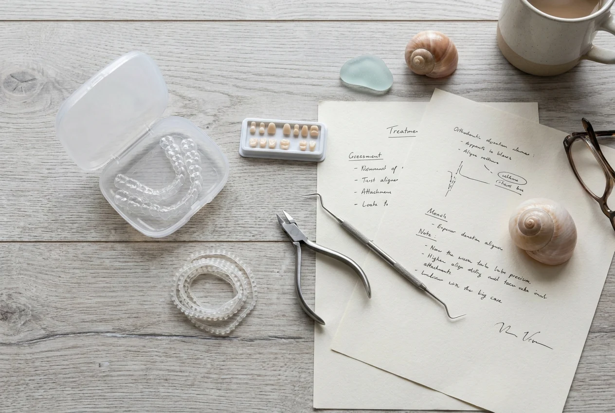 Top-down layout of aligners, tools, and planning materials on a desk