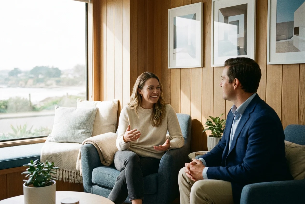 Patient and clinician converse calmly in a warm dental consultation nook