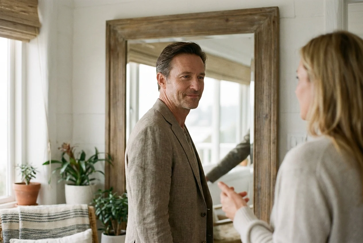 Well-dressed adult in bright coastal interior, calm and thoughtful near a mirror