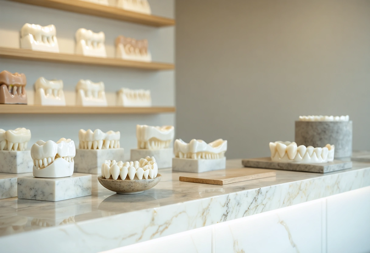 Dental studio countertop vignette with ceramic samples and age-appropriate smile planning