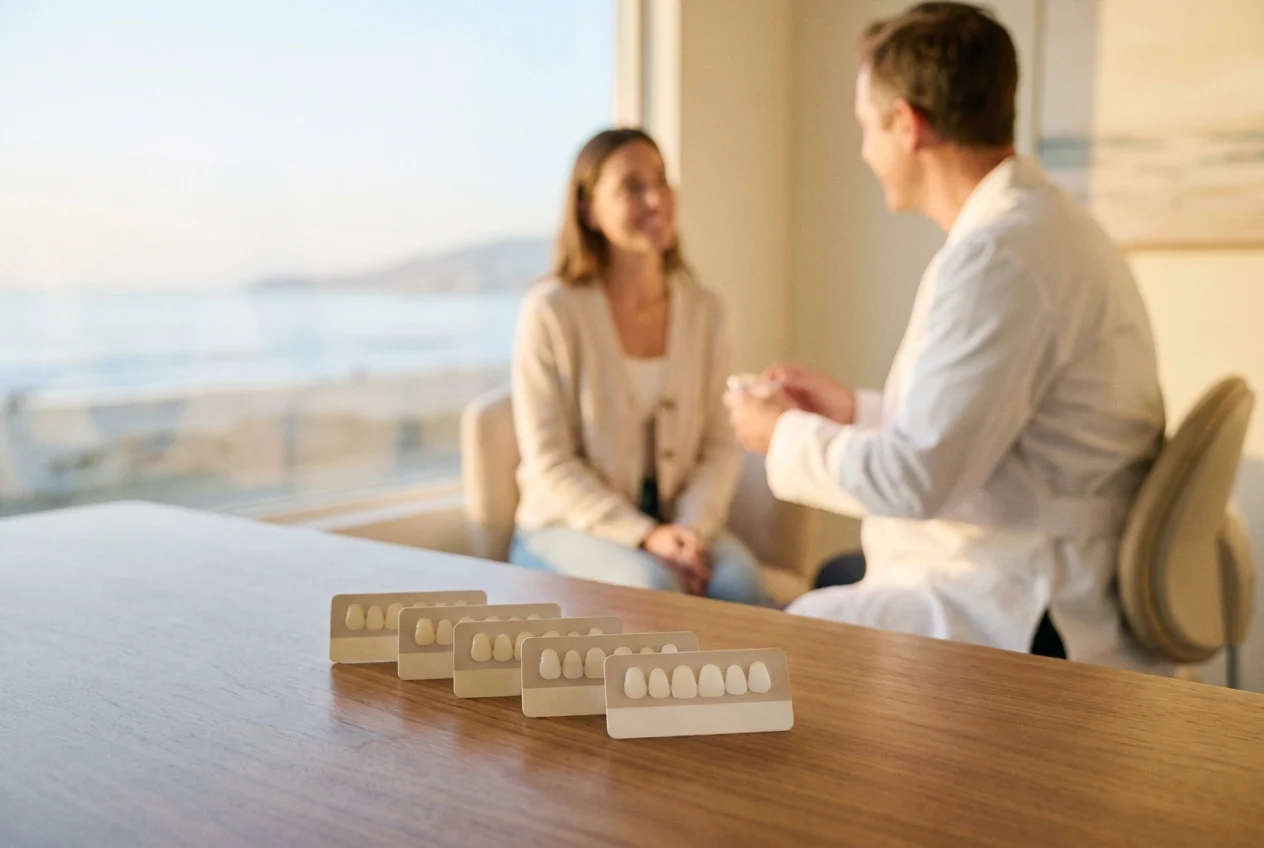 Smile whitening progression shown through shade cards and patient consultation