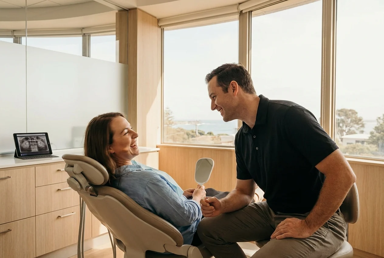 Patient laughing naturally as dentist observes smile in motion in modern studio
