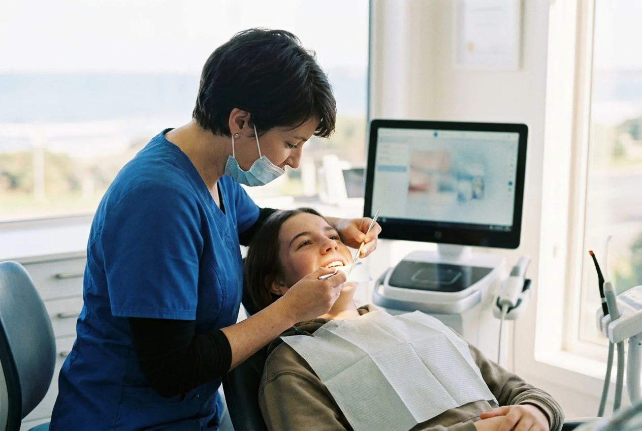 Hygienist applying sealant to a child’s teeth in a modern operatory