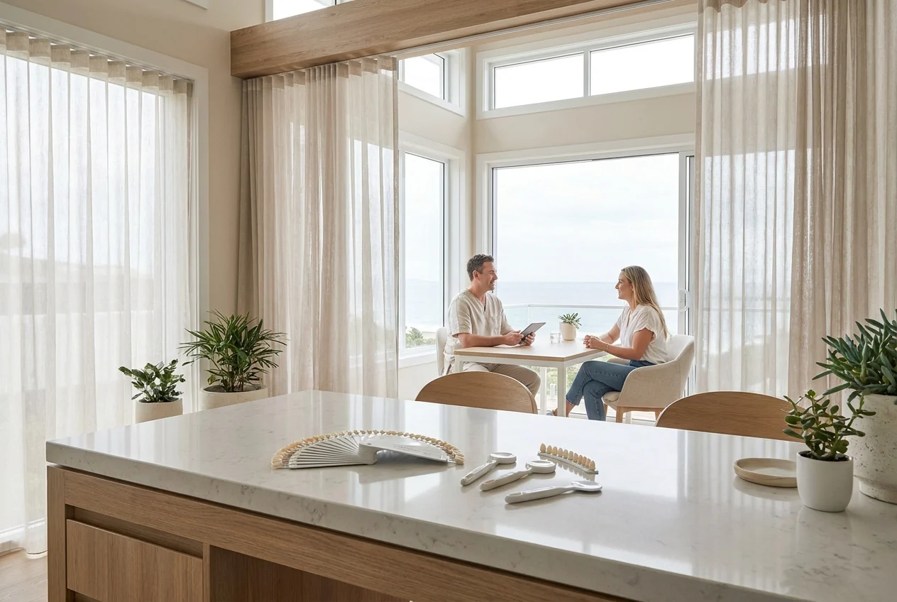 clean-editorial-hero-image-of-a-icCcMP Clean editorial hero image of a boutique coastal dental studio planning a natural-looking whitening result, modern airy