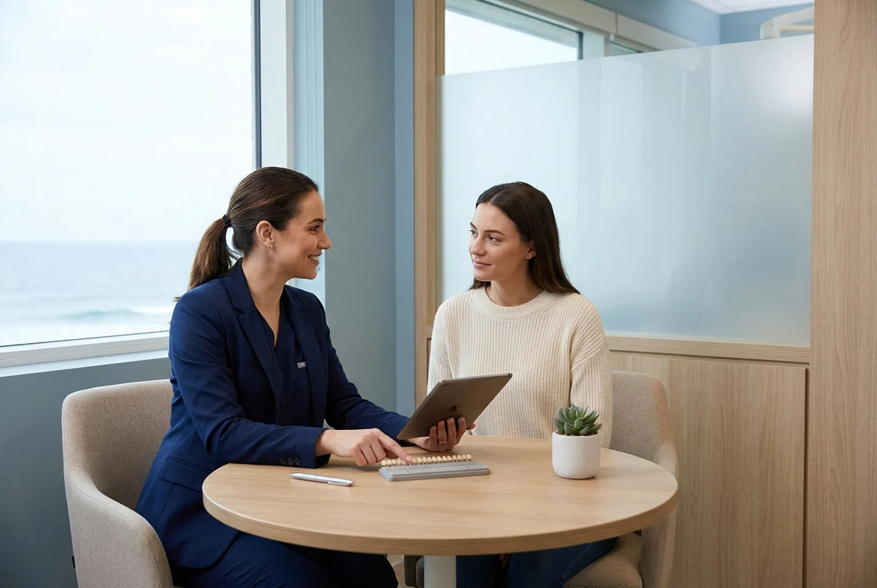 Dentist and patient discuss whitening around crowns and veneers in consultation