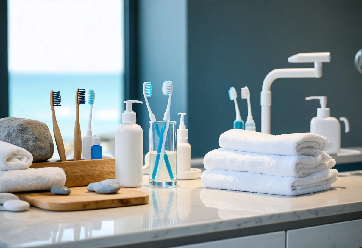 Coastal dental countertop with hygiene tools suggesting daily whitening maintenance